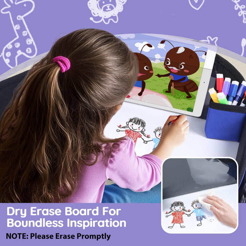 UTOLOVE Kids Travel Tray, Kids Travel Trays for Car Seat, Road Trip Essentials for Toddler, Carseat Lap Tray with Dry Erase Board & Storage Organizer for Road Trip Activities for Kid, Blue - Image 3