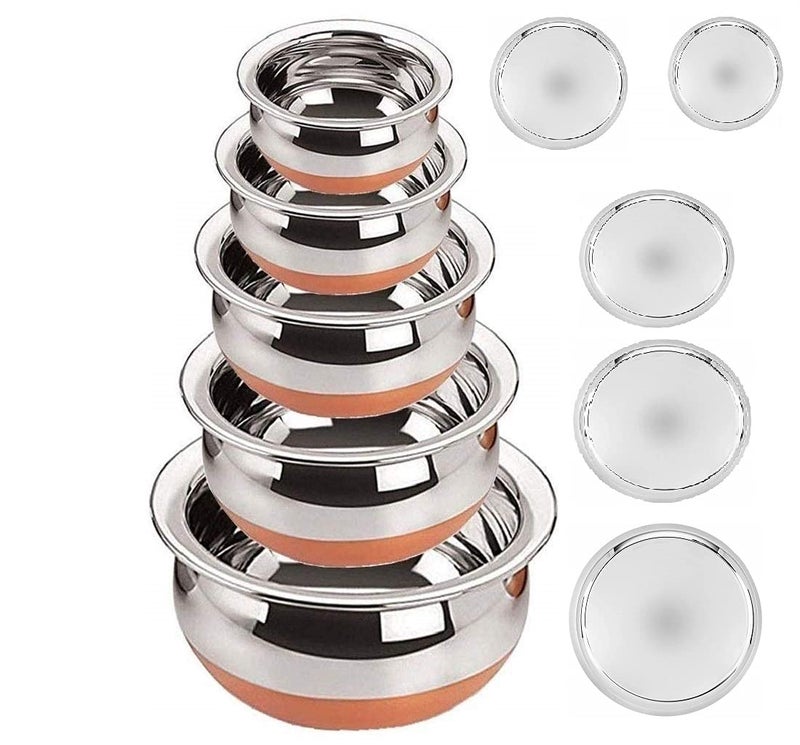 SVS ONLINE Solid Stainless Steel Copper Bottom HandipatilaSet with Lid 5 Pieces Serving Bowls with Lids Cookware Set Capacity 05 L08 L12 L15 L18 LSilver Copper - Image 1