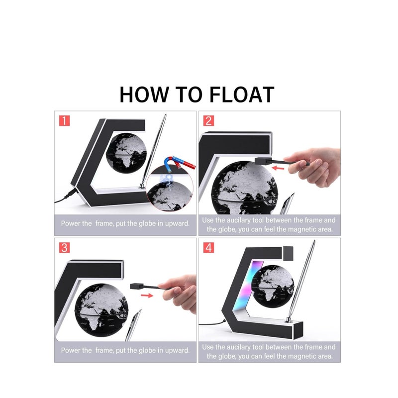 SOLARAE كرة عائمة مع أضواء LED، كرة عائمة بتقنية الرفع المغناطيسي مع قلم، محمولة للكتابة على مكتب المكتب، خريطة العالم لتزيين المكتب، باللون الأسود - Image 2