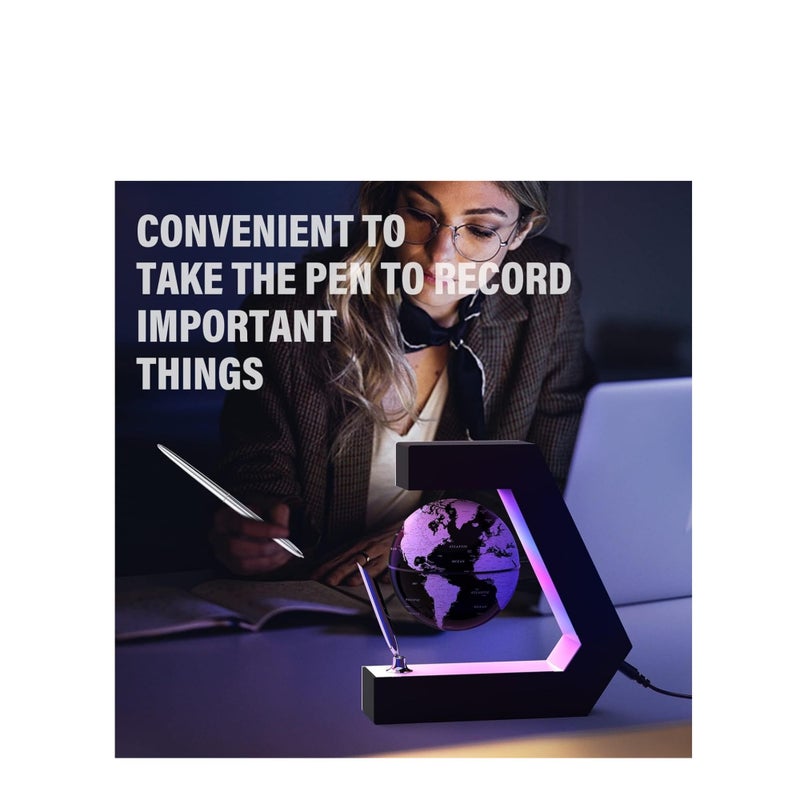 SOLARAE كرة عائمة مع أضواء LED، كرة عائمة بتقنية الرفع المغناطيسي مع قلم، محمولة للكتابة على مكتب المكتب، خريطة العالم لتزيين المكتب، باللون الأسود - Image 5