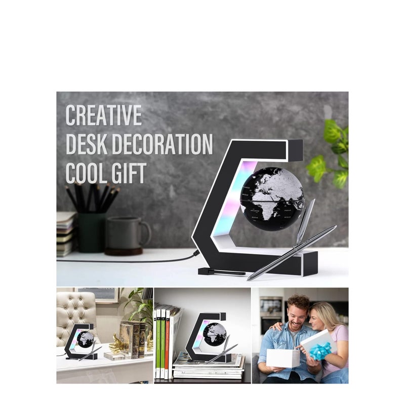 SOLARAE كرة عائمة مع أضواء LED، كرة عائمة بتقنية الرفع المغناطيسي مع قلم، محمولة للكتابة على مكتب المكتب، خريطة العالم لتزيين المكتب، باللون الأسود - Image 3