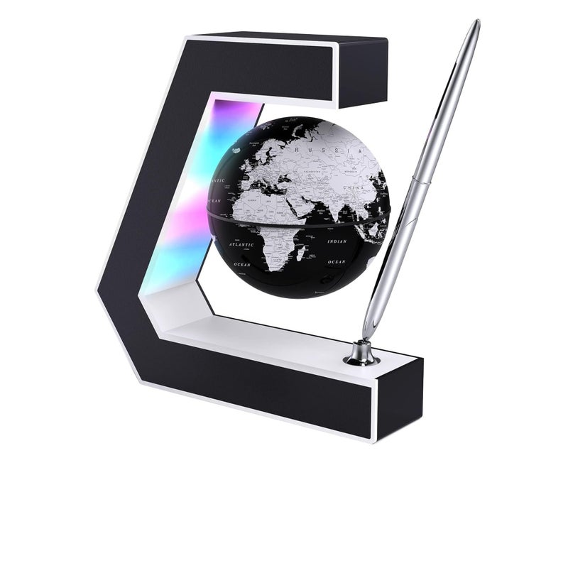 SOLARAE كرة عائمة مع أضواء LED، كرة عائمة بتقنية الرفع المغناطيسي مع قلم، محمولة للكتابة على مكتب المكتب، خريطة العالم لتزيين المكتب، باللون الأسود - Image 1