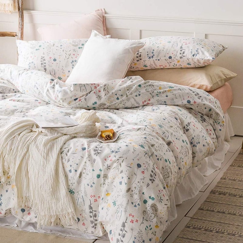 AMWAN Floral Pink Flower Botanical 100% Cotton Comforter Cover Garden Style 1 Floral Duvet Cover 2 Pillowcases Full Queen Bedding Set - Image 2