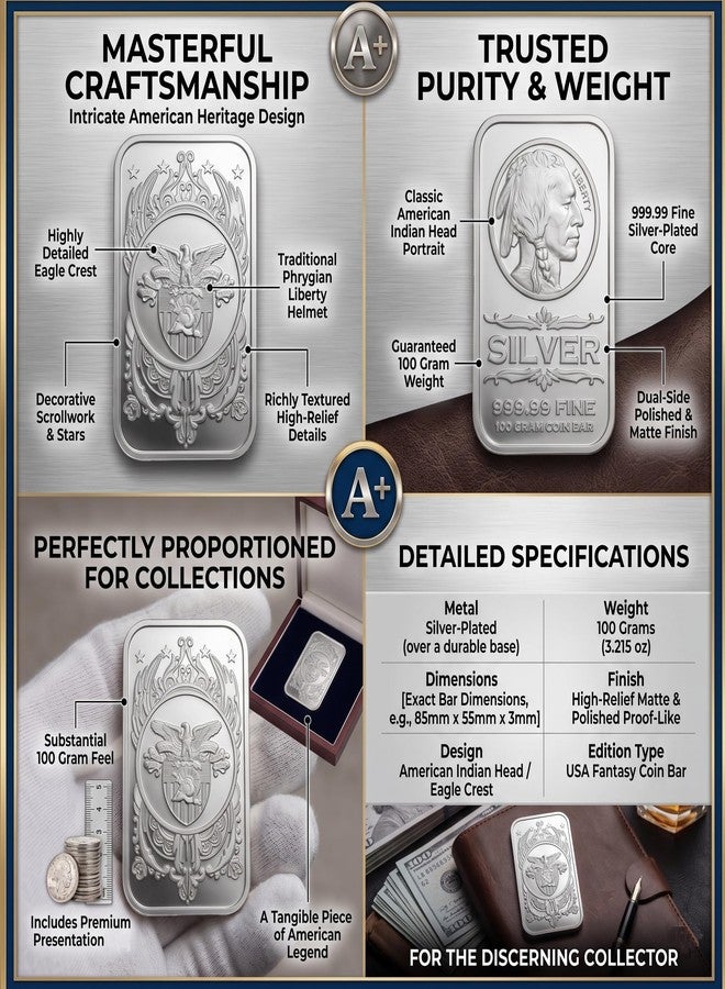 Flipster 100 Grams - American Indian Head & Eagle Shield Design | USA Fantasy Style Silver-Plated Coin Bar - Image 5