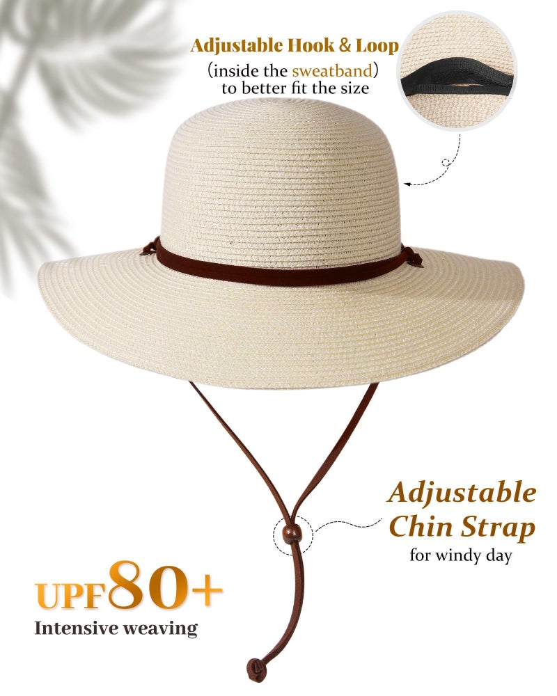 FURTALK Womens Wide Brim Sun Hat with Wind Lanyard UPF Summer Straw Sun Hats for Women Cream White - Image 2