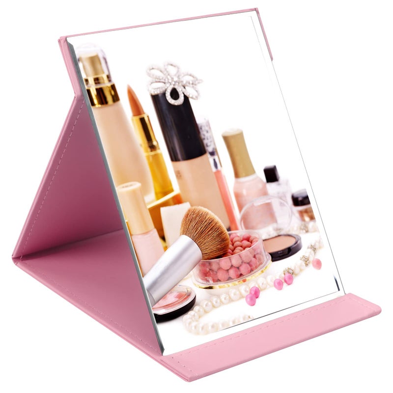 ZBEIVAN ZBEIVAN 10x7 Inches Portable Folding Makeup Mirror Frameless PU Leather Desk Mirror with Stand for Camping Travel Tabletop Personal Pink 