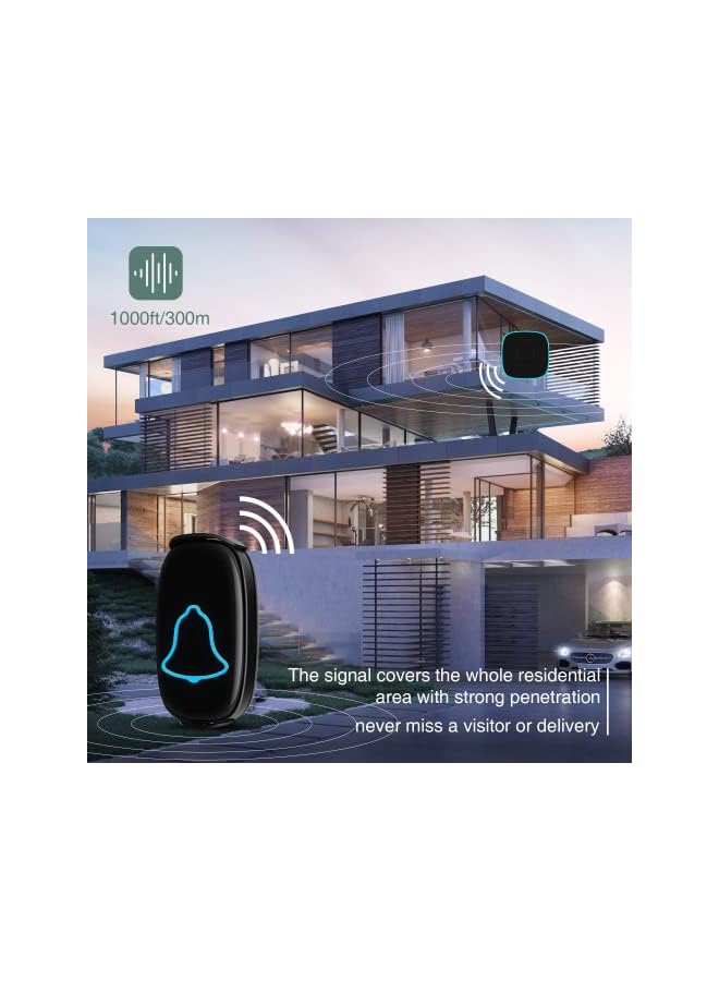promass Wireless Doorbell, Waterproof Door Bell with 38 Melodies and Led Flash,1000-Foot Range, 4 Level Volume, 2 Remote Buttons & 1 Receiver (Black) - Image 2