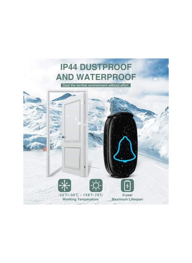 promass Wireless Doorbell, Waterproof Door Bell with 38 Melodies and Led Flash,1000-Foot Range, 4 Level Volume, 2 Remote Buttons & 1 Receiver (Black) - Image 3