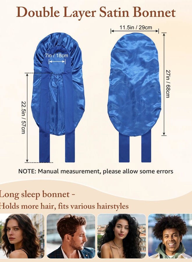 AWAYTR Long Satin Bonnet for Women - Double Layer Elastic Silk Bonnet for Braids Hair Sleeping Cap with Tie Band (Royal Blue) - Image 5