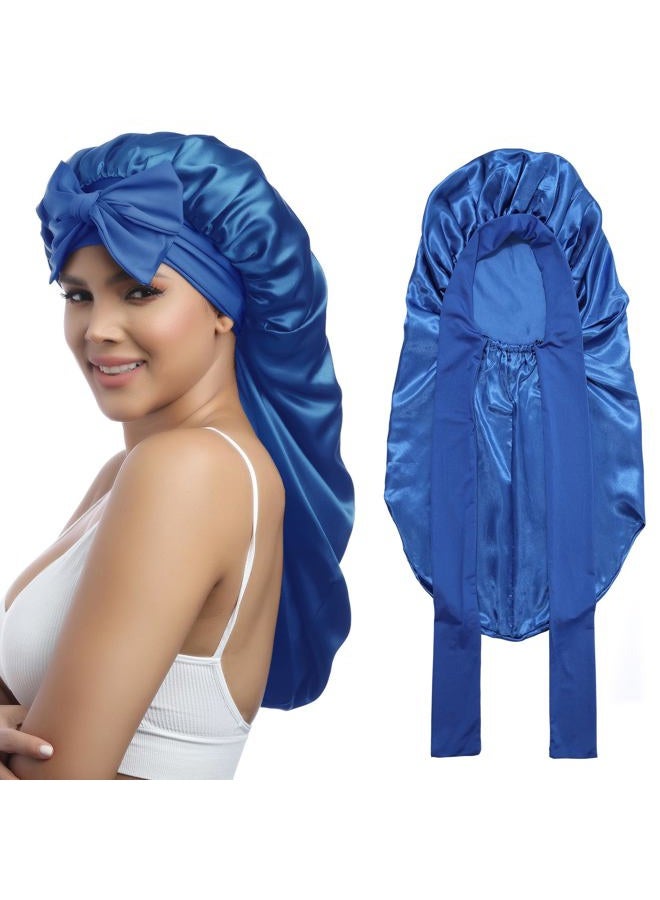 AWAYTR Long Satin Bonnet for Women - Double Layer Elastic Silk Bonnet for Braids Hair Sleeping Cap with Tie Band (Royal Blue) - Image 1