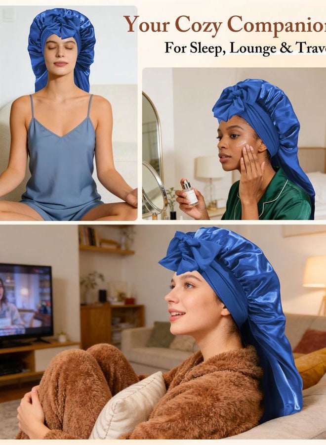AWAYTR Long Satin Bonnet for Women - Double Layer Elastic Silk Bonnet for Braids Hair Sleeping Cap with Tie Band (Royal Blue) - Image 4