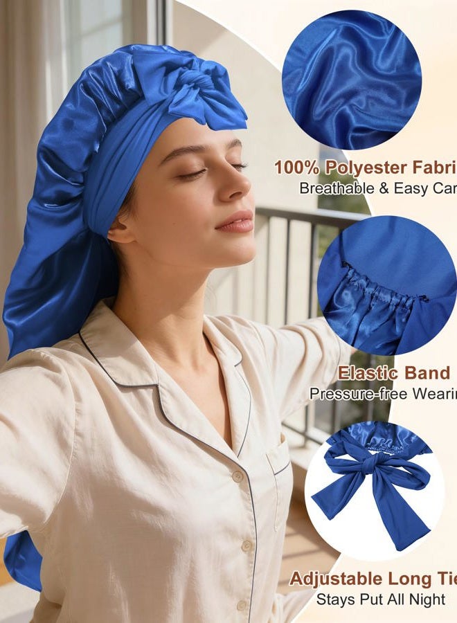 AWAYTR Long Satin Bonnet for Women - Double Layer Elastic Silk Bonnet for Braids Hair Sleeping Cap with Tie Band (Royal Blue) - Image 2