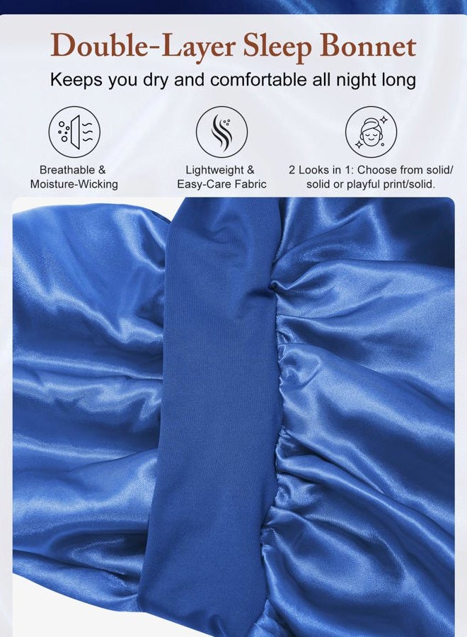 AWAYTR Long Satin Bonnet for Women - Double Layer Elastic Silk Bonnet for Braids Hair Sleeping Cap with Tie Band (Royal Blue) - Image 3