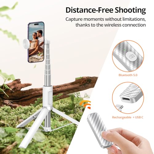 ATUMTEK 62" Selfie Stick Tripod, Extendable Aluminum Tripod with Rechargeable Bluetooth Remote, Compatible with iPhone and Android Smartphones, Perfect for Travel, Vlog, Video and Photo, White - Image 4