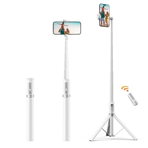 ATUMTEK 62" Selfie Stick Tripod, Extendable Aluminum Tripod with Rechargeable Bluetooth Remote, Compatible with iPhone and Android Smartphones, Perfect for Travel, Vlog, Video and Photo, White - Image 1