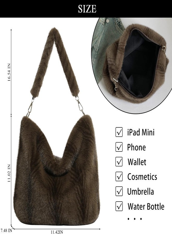 Extolove Fluffy Tote Bag Winter Fuzzy Purses for Women Faux Fur Purse Soft Furry Handbag Plush Crossbody Bags (Brown) - Image 4