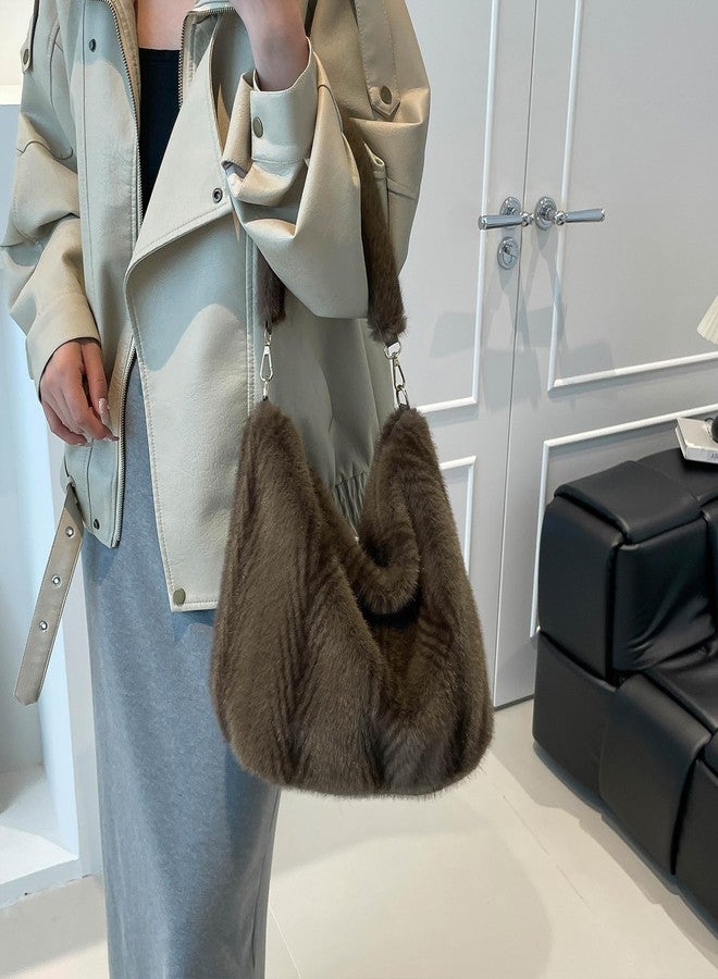 Extolove Fluffy Tote Bag Winter Fuzzy Purses for Women Faux Fur Purse Soft Furry Handbag Plush Crossbody Bags (Brown) - Image 3