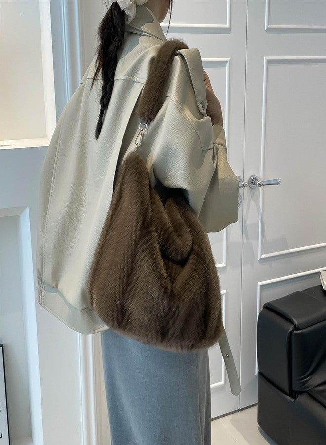 Extolove Fluffy Tote Bag Winter Fuzzy Purses for Women Faux Fur Purse Soft Furry Handbag Plush Crossbody Bags (Brown) - Image 2