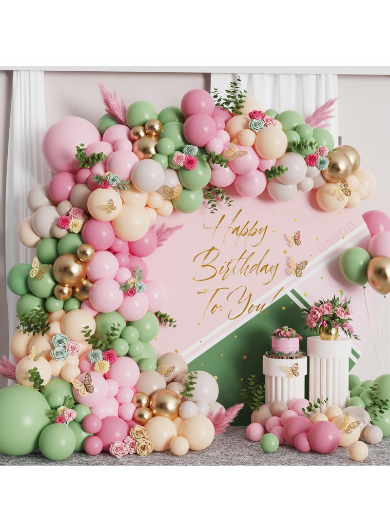 Sage Green And Pink Balloon Arch Kit With Shiny Gold Butterfly Stickers,177Pcs Pastel Green Blush Gold Balloon Garland For Spring Tea Party Decoration Wedding Bridal Baby Shower Fairy Balloon Arch - Image 1