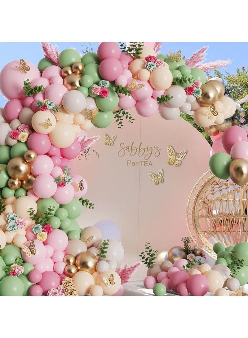 Sage Green And Pink Balloon Arch Kit With Shiny Gold Butterfly Stickers,177Pcs Pastel Green Blush Gold Balloon Garland For Spring Tea Party Decoration Wedding Bridal Baby Shower Fairy Balloon Arch - Image 3