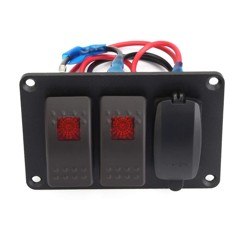 Motorcycle ATV Dual Rocker Switch Panel with 4.8A USB Car Charger, IP66 LED Switch Panel for 12V 24V Vehicles Including 45 Pattern Stickers (Red) - Image 2