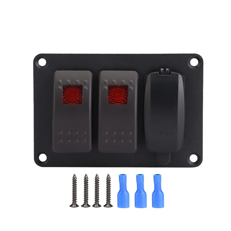 Motorcycle ATV Dual Rocker Switch Panel with 4.8A USB Car Charger, IP66 LED Switch Panel for 12V 24V Vehicles Including 45 Pattern Stickers (Red) - Image 1