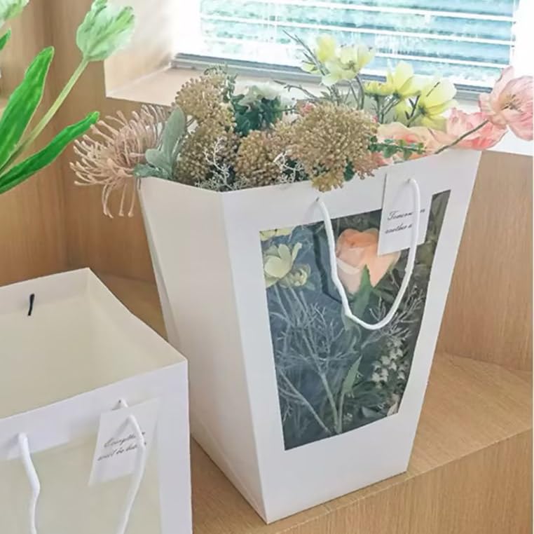WWT 20Packs White Flower Gift Bag with Clear Window, Bouquet Bags with Handle, Party Favor Bags for Mother's Day Wedding Party Birthday - Image 3