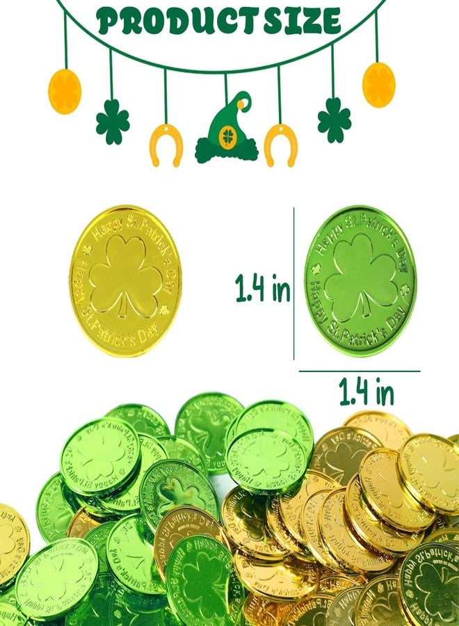 LUKBERA 120Pcs Saint Patricks Day Shamrock Coins, Green Gold Plastic Lucky Coins Clover Leprechaun Coins Table Sprinkles for St. Patrick's Day Party Decoration - Image 3