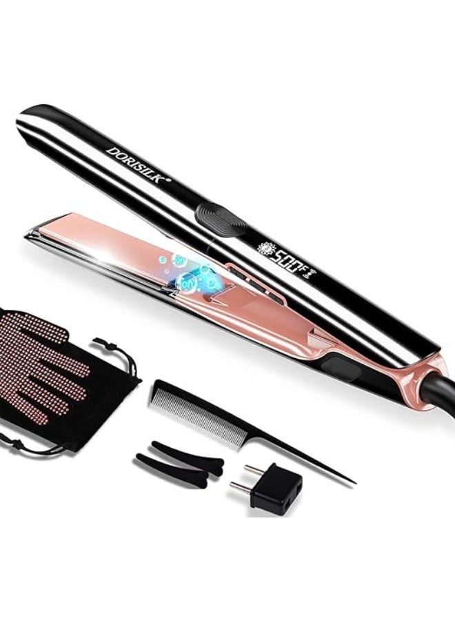 دوريسيلك مكواة فرد الشعر الاحترافية المسطحة (500 درجة فهرنهايت) 2 في 1 مع البلازما للحصول على شعر خالٍ من التجعد، مكواة فرد الشعر المسطحة بجهد مزدوج للشعر المجعد والكثيف - Image 1