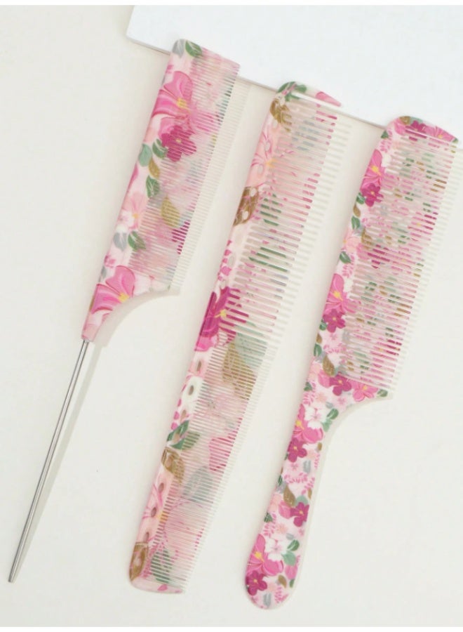 Elegant 3-Piece Professional Hair Comb Set featuring a Vibrant Pink Floral Print, including a Rat Tail Comb, Fine-Tooth Styling Comb, and Portable Dressing Comb for Daily Use. - Image 1