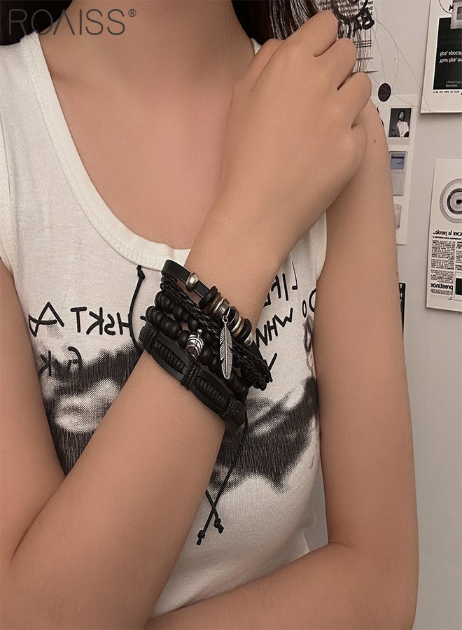 roaiss Bohemian Retro Woven PU Bracelet for Women Men, Leather Bracelet, Multi-layer Feather Beaded Bracelet, Black Woven Wide Wristband, Stackable, Suitable for Daily Casual Wear  - Image 5