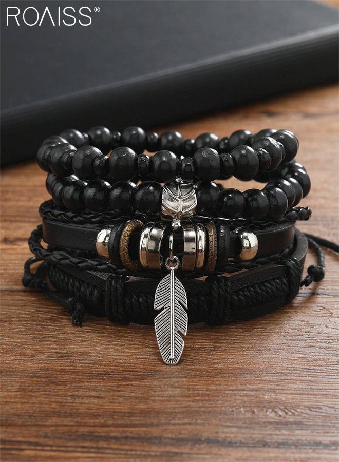 roaiss Bohemian Retro Woven PU Bracelet for Women Men, Leather Bracelet, Multi-layer Feather Beaded Bracelet, Black Woven Wide Wristband, Stackable, Suitable for Daily Casual Wear  - Image 2