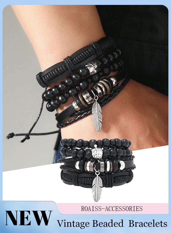 roaiss Bohemian Retro Woven PU Bracelet for Women Men, Leather Bracelet, Multi-layer Feather Beaded Bracelet, Black Woven Wide Wristband, Stackable, Suitable for Daily Casual Wear  - Image 1