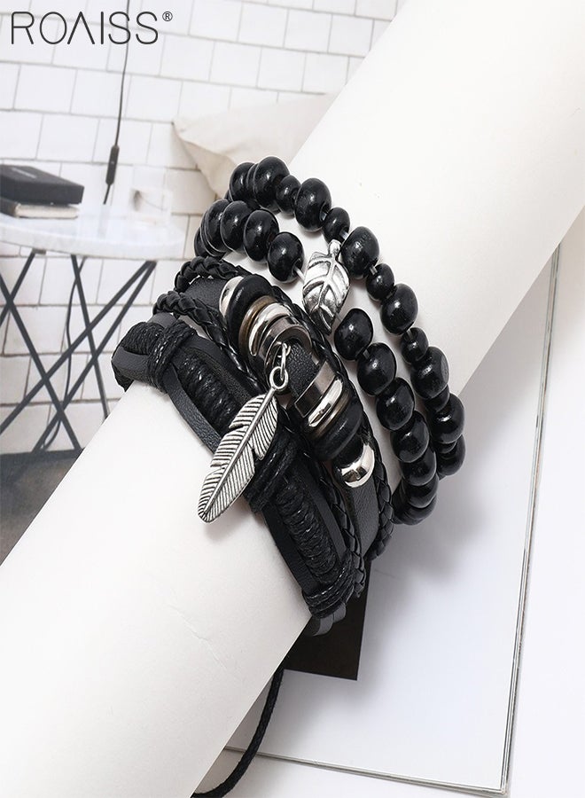 roaiss Bohemian Retro Woven PU Bracelet for Women Men, Leather Bracelet, Multi-layer Feather Beaded Bracelet, Black Woven Wide Wristband, Stackable, Suitable for Daily Casual Wear  - Image 4