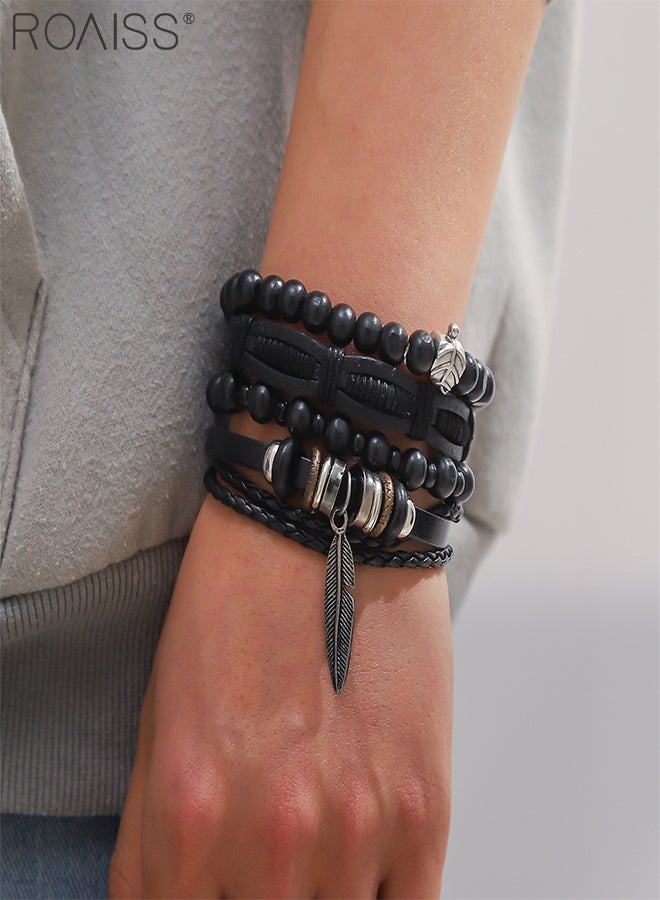 roaiss Bohemian Retro Woven PU Bracelet for Women Men, Leather Bracelet, Multi-layer Feather Beaded Bracelet, Black Woven Wide Wristband, Stackable, Suitable for Daily Casual Wear  - Image 3