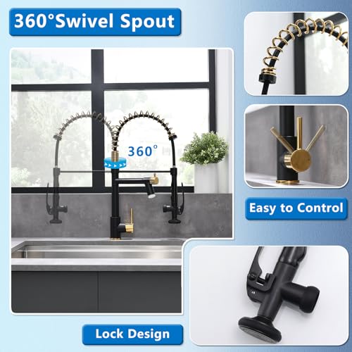 Fapully LED Kitchen Faucet with Pull Down Sprayer,Black&Gold Commercial Kitchen Faucet for Kitchen Sink - Image 5
