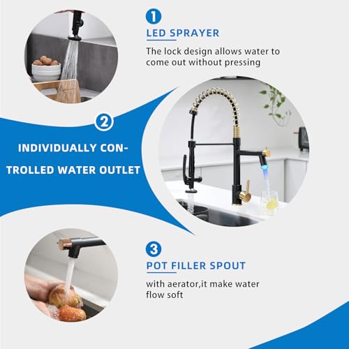 Fapully LED Kitchen Faucet with Pull Down Sprayer,Black&Gold Commercial Kitchen Faucet for Kitchen Sink - Image 4