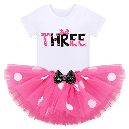 IMEKIS Mouse 3rd Birthday Outfit Baby Girl Short Sleeve T-Shirt Top Polka Dots Mini Tutu Skirt Headband 3 Years Old Cake Smash Photo Props I'm Three Toddler Third Birthday Party Hot Pink + Black 3T - Image 1