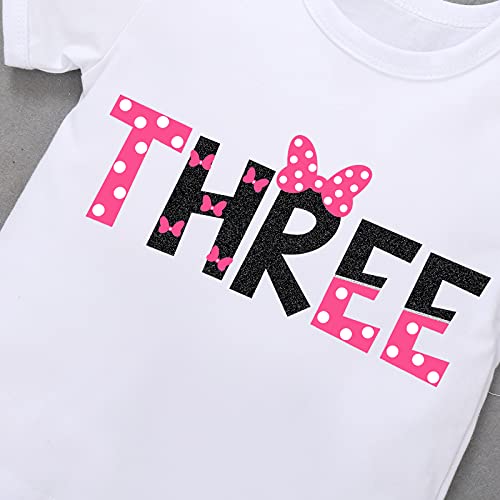 IMEKIS Mouse 3rd Birthday Outfit Baby Girl Short Sleeve T-Shirt Top Polka Dots Mini Tutu Skirt Headband 3 Years Old Cake Smash Photo Props I'm Three Toddler Third Birthday Party Hot Pink + Black 3T - Image 4