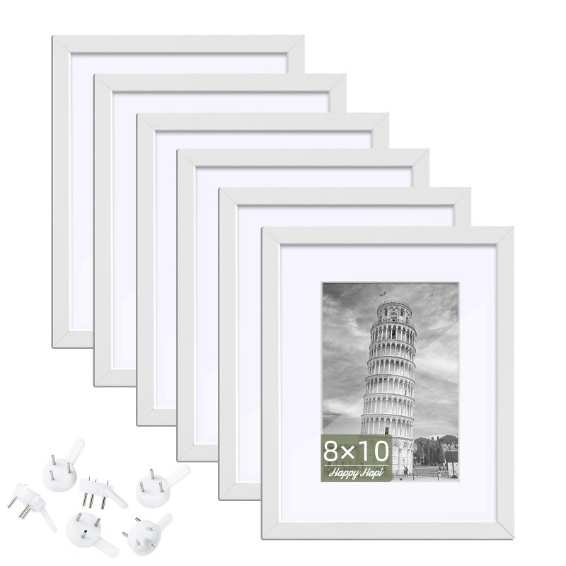 إطار صور HappyHapi 8x10 مجموعة من 6 إطارات صور بيضاء 8x10 عرض صور 5x7 مع مات أو 8x10 بدون مات إطار صور معلق على الحائط أو عرض على الطاولة معرض إطارات بيضاء