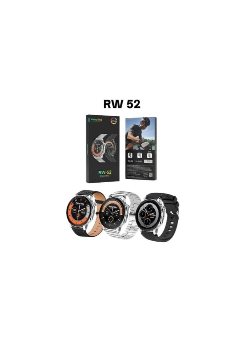 Haino Teko - Haino Teko RW-52 is a multi-functional smart watch that offers an advanced user experience. Here's a comprehensive description of it based on its usual specifications: Elegant design: Full color screen (Full HD) with high definition. Distinctive silver color and loved by many. Find the phone feature. Stopwatch and alarm functions. Multiple interfaces to suit different occasions - Image 1