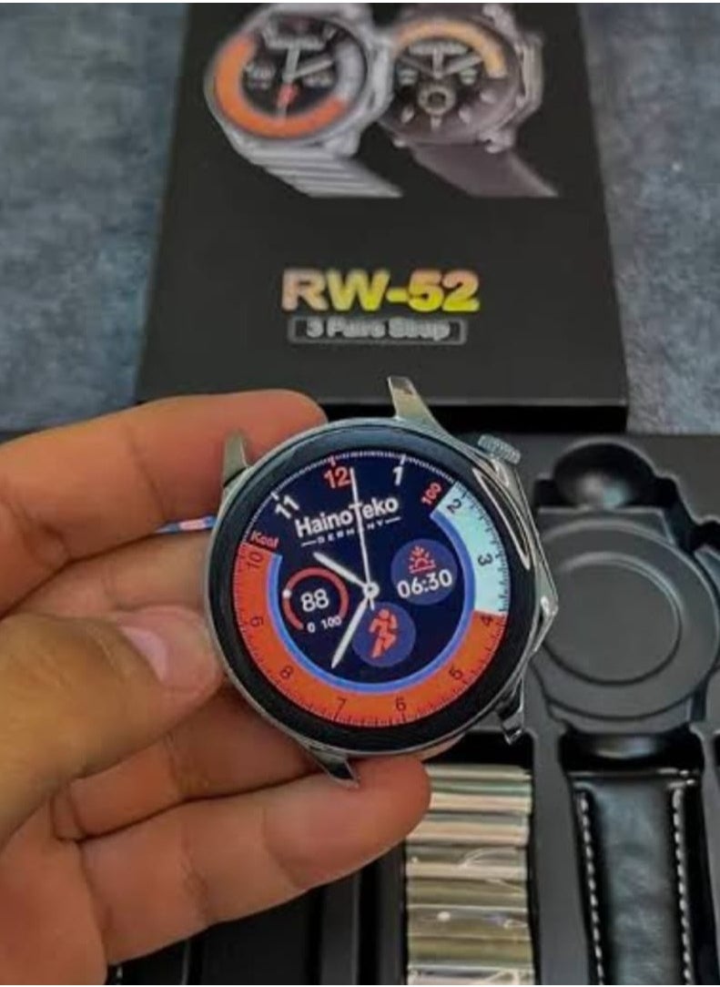 Haino Teko - Haino Teko RW-52 is a multi-functional smart watch that offers an advanced user experience. Here's a comprehensive description of it based on its usual specifications: Elegant design: Full color screen (Full HD) with high definition. Distinctive silver color and loved by many. Find the phone feature. Stopwatch and alarm functions. Multiple interfaces to suit different occasions - Image 1