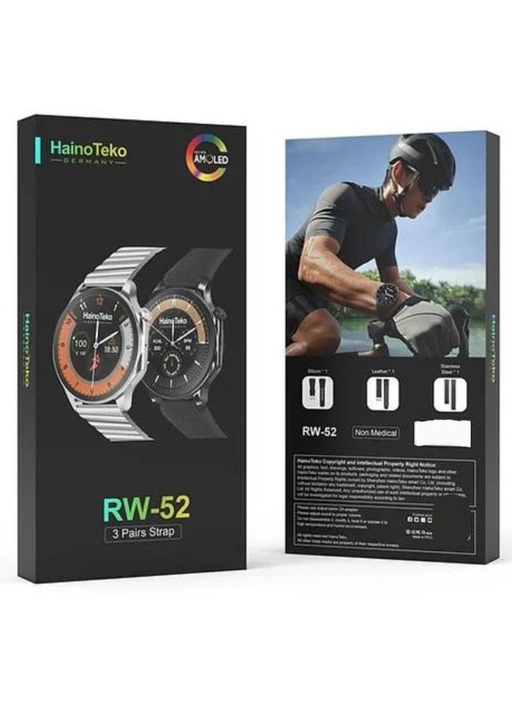 Haino Teko - Haino Teko RW-52 is a multi-functional smart watch that offers an advanced user experience. Here's a comprehensive description of it based on its usual specifications: Elegant design: Full color screen (Full HD) with high definition. Distinctive silver color and loved by many. Find the phone feature. Stopwatch and alarm functions. Multiple interfaces to suit different occasions - Image 1