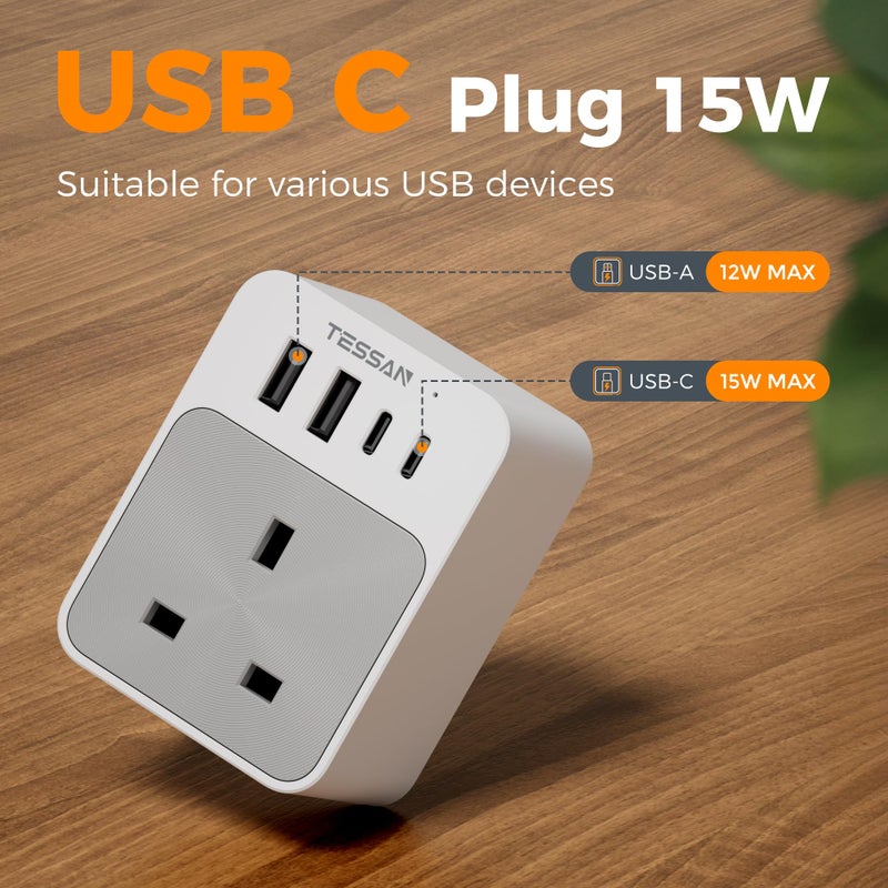 TESSAN USB C Plug Adaptor, Multi Plug Extension Socket with 4 USB Charger - Image 2