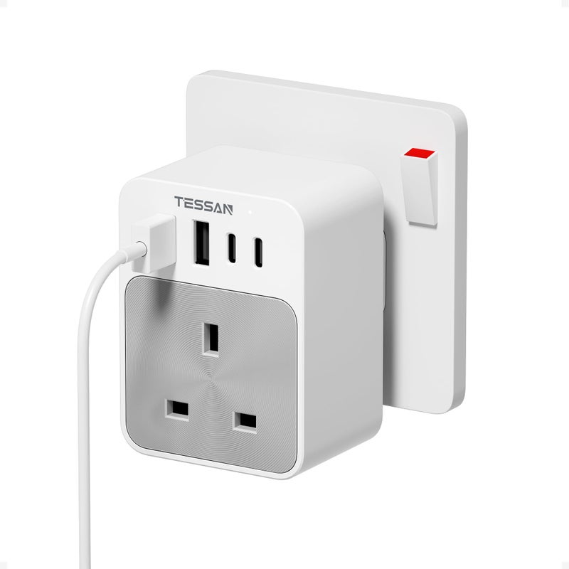 TESSAN USB C Plug Adaptor, Multi Plug Extension Socket with 4 USB Charger - Image 1