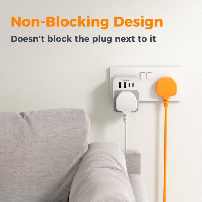 TESSAN USB C Plug Adaptor, Multi Plug Extension Socket with 4 USB Charger - Image 5