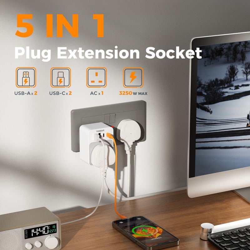 TESSAN USB C Plug Adaptor, Multi Plug Extension Socket with 4 USB Charger - Image 3
