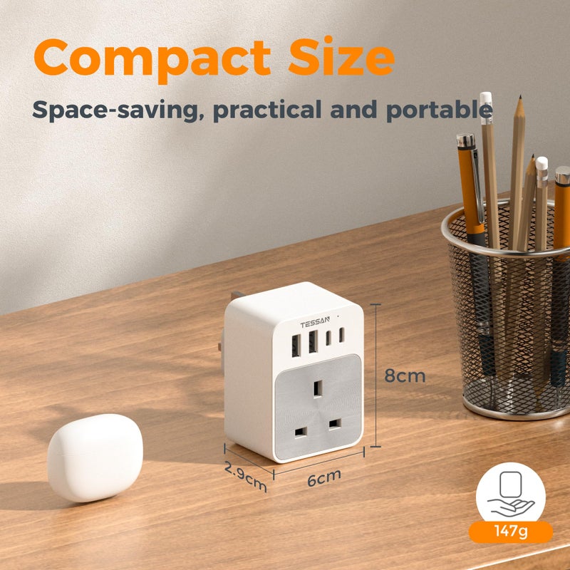 TESSAN USB C Plug Adaptor, Multi Plug Extension Socket with 4 USB Charger - Image 4