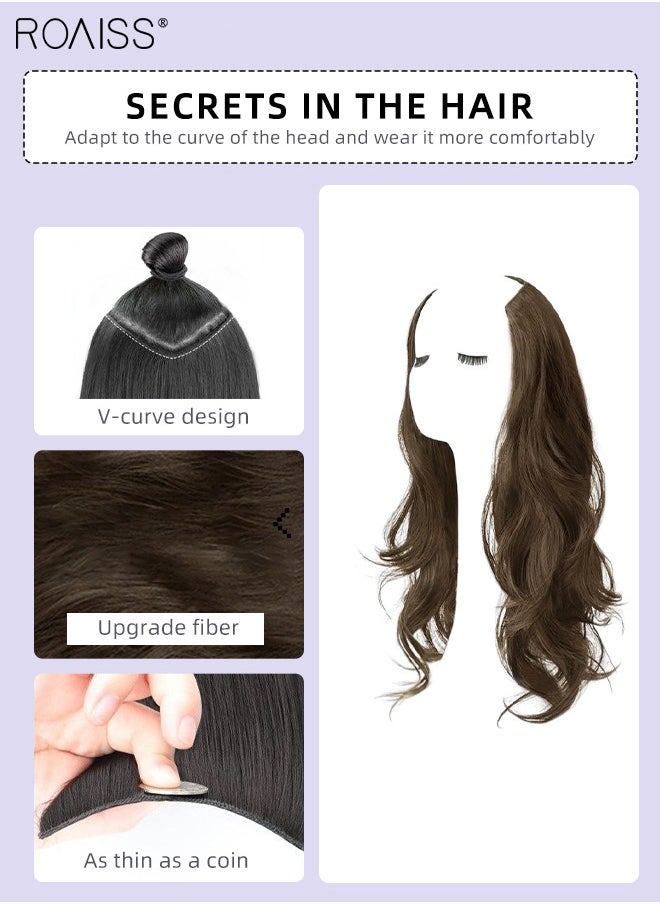 roaiss V-Shaped Layered Curly Hair Extension, One Piece Hair Extension Wig with 4 Clips, Heat Resistant Synthetic Hairpiece for Women Girls, Cold Brown, 55cm (22 inches)  - Image 4