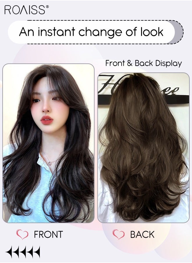 roaiss V-Shaped Layered Curly Hair Extension, One Piece Hair Extension Wig with 4 Clips, Heat Resistant Synthetic Hairpiece for Women Girls, Cold Brown, 55cm (22 inches)  - Image 2